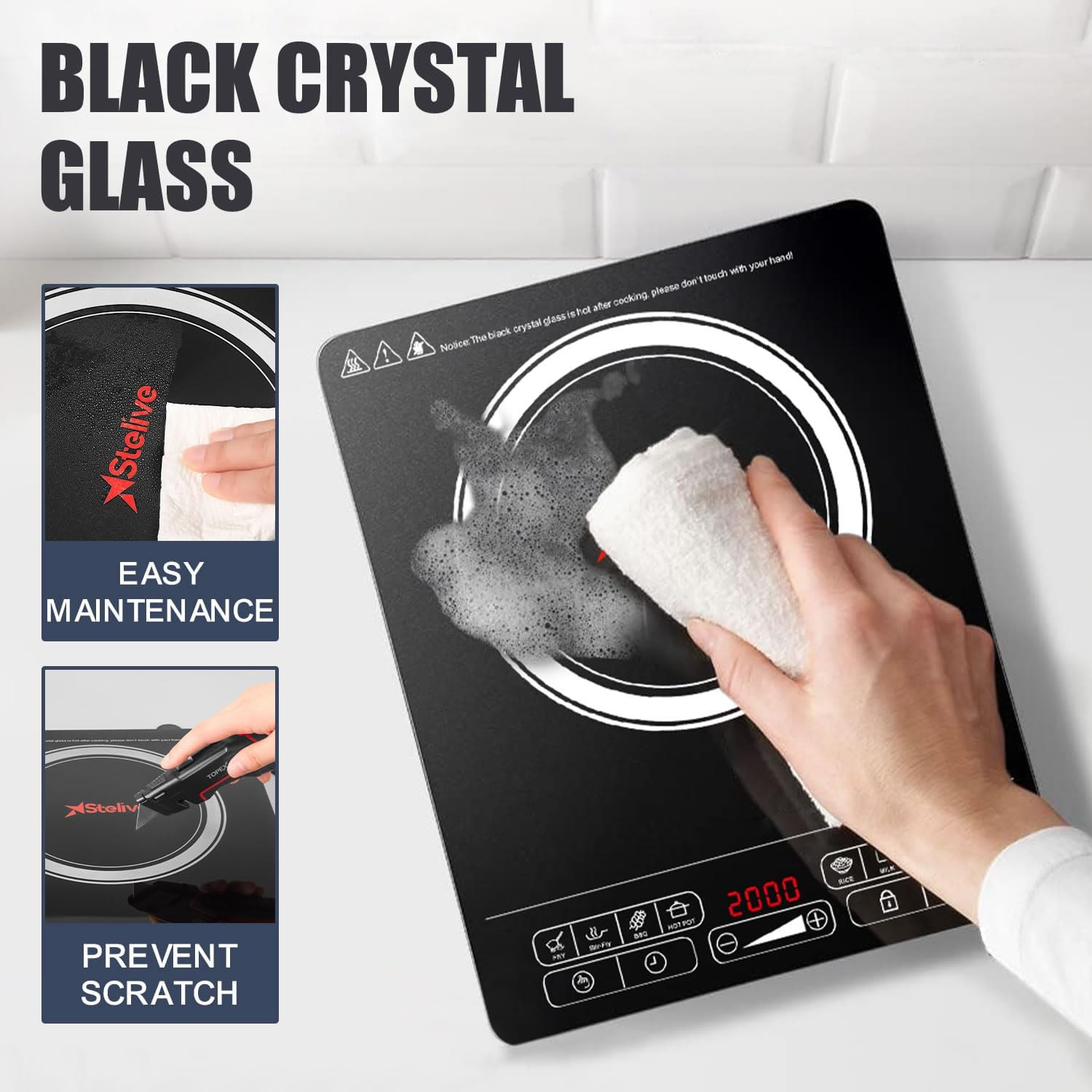 Stelive 2000W Electric Induction Cooktop Portable Kitchen Cooker 8 Power Levels Electric Burner Induction Cooker with Sensor Touch for Home, Camping Compatible for Most Cookwares (Black) image number 6