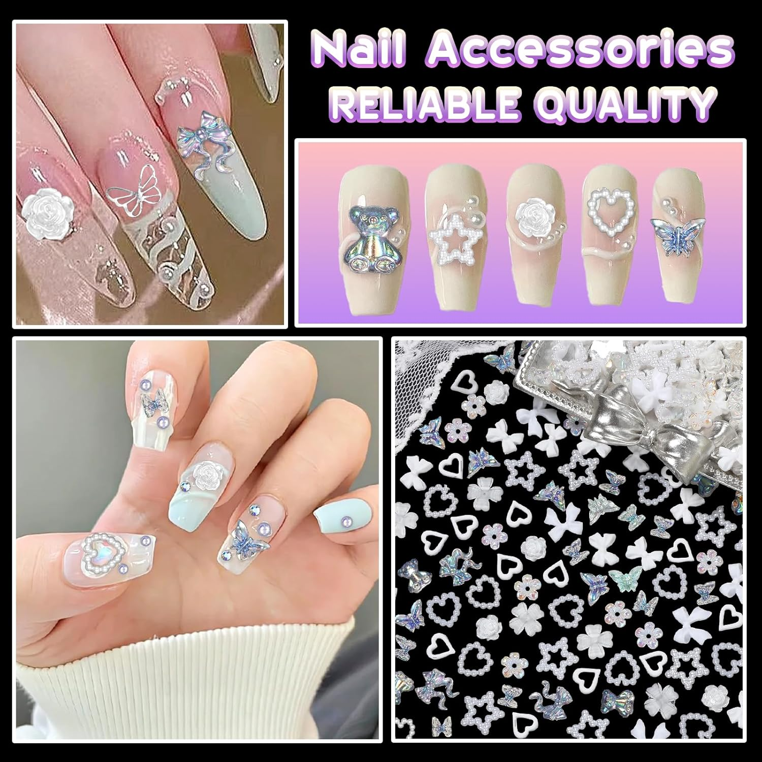 Flatback White Nail Charms Set, Assorted Bow Heart Flowers Acrylic Nail Art Charms, AB Rhinestones Nail Gems, round Pearls Nail Charms, Silver Gold Butterfly Nail Charms Gems for Nail Art DIY image number 1
