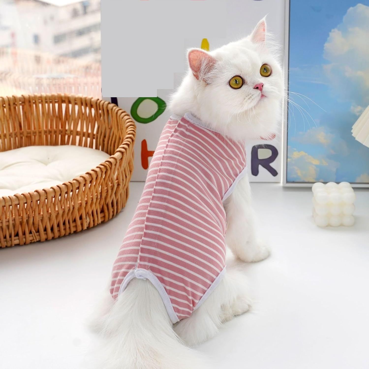 Cat Recovery Suit, Surgery Recovery Suit, Kitten Onesie for Cats after Surgery, Pet Cat Spay Surgical Soft Clothes Abdominal Protection (Pink and White Stripes, S) image number 2