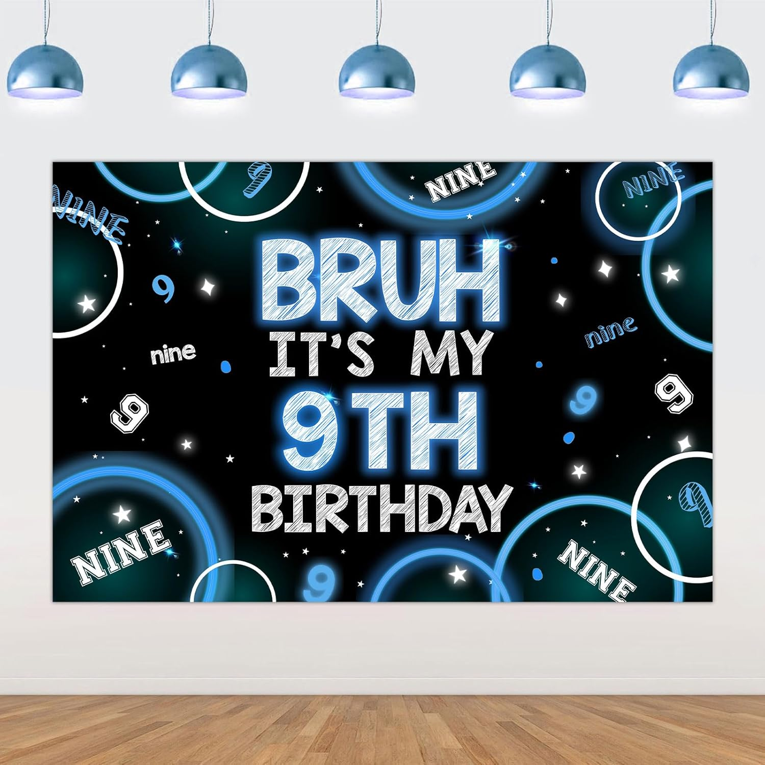 Wonmelody Bruh It&rsquo;S My 9Th Birthday Decor 4.92*3.28Ft Bruh It&rsquo;S My 9Th Birthday Backdrop Banner Blue Black 9Th Birthday Decor for Boy Happy 9Th Birthday Party Supplies Cheers to Nine Years Old Decor image number 2