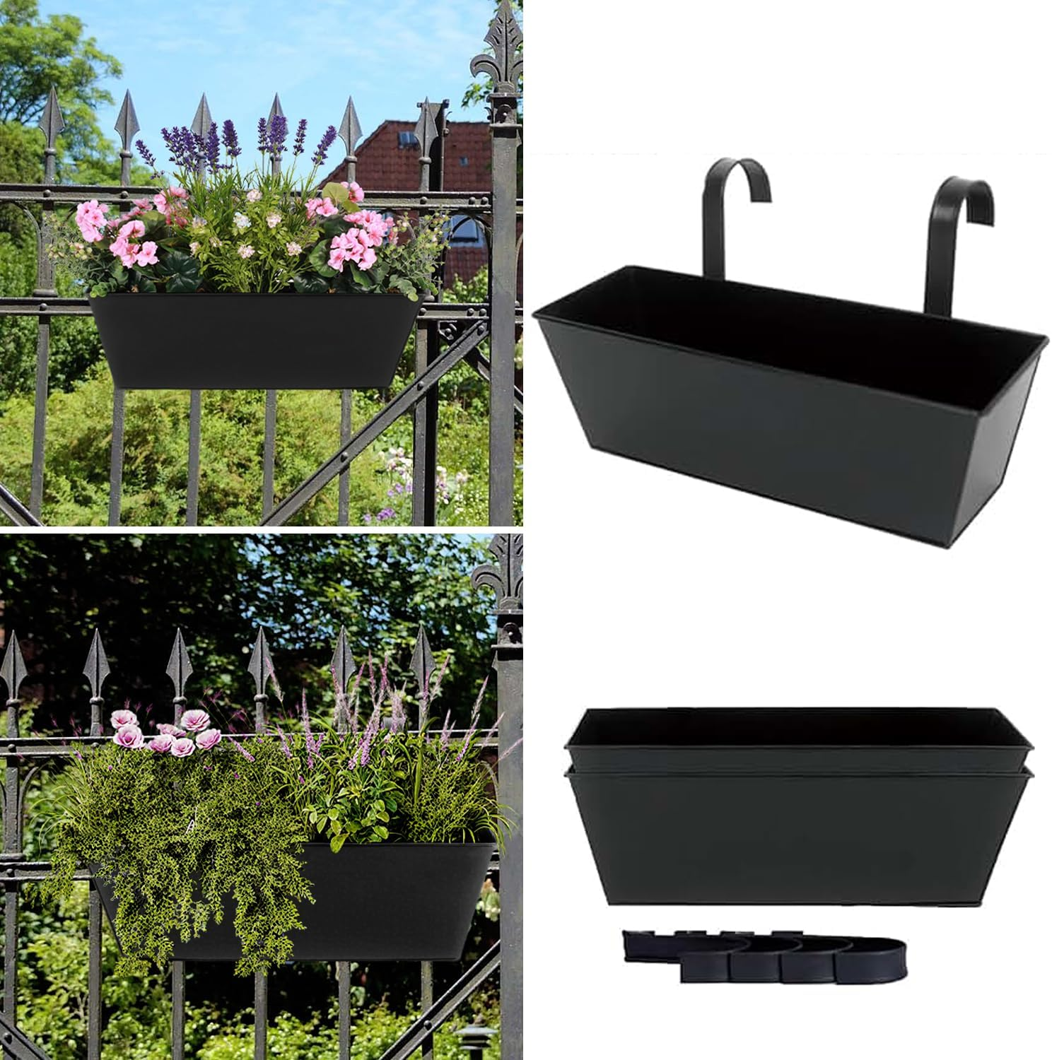 16 Inch Deck-Mounted Railing Plant Pots, Set of 3 Exterior Flower Box for Porch, Patio, Terrace (Black) image number 1
