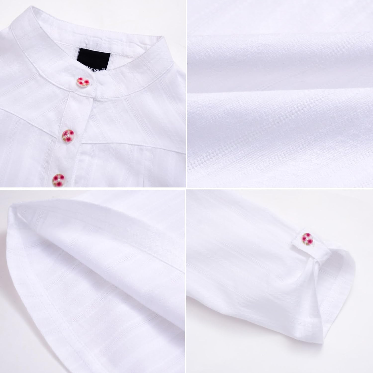 MEILONGER Girls White Blouse Cotton Linen Casual Collar Button down Shirts Girls Short Sleeve T Shirt Linen Stand Collar Tops Summer Size 8,10-12,14-16 image number 3