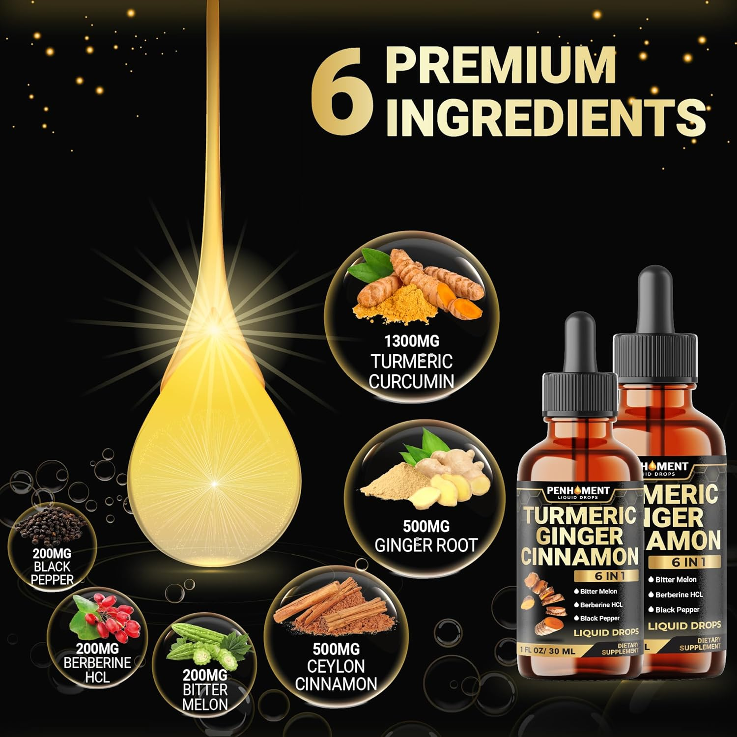 PENHOMENT 6In1 Liquid Turmeric Curcumin with Ginger, Berberine, Ceylon Cinnamon, Bitter Melon, Black Pepper - Drops Extract for Joint Support - 2Packs of 1 Fl Oz image number 3