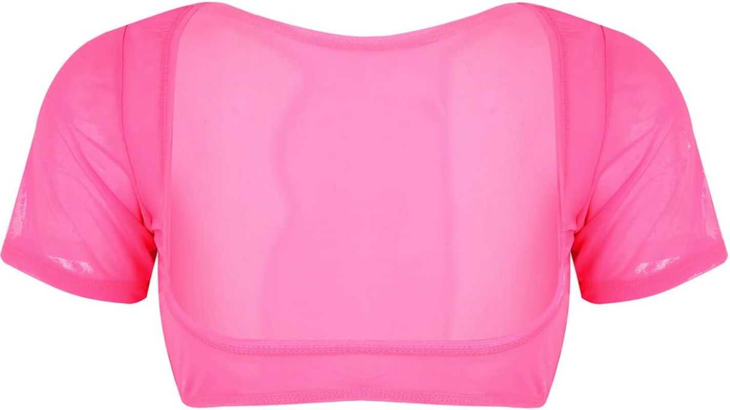 ACSUSS Womens Sexy Mesh Transparent Open Bust Short Sleeve Belly Dance Crop Top - Red image number 3