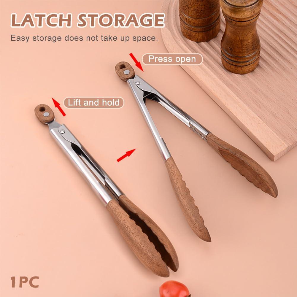 Salad Bread BBQ Non Slip Kitchen Tongs Toast with Wooden Tips Vegetable Meat image number 3