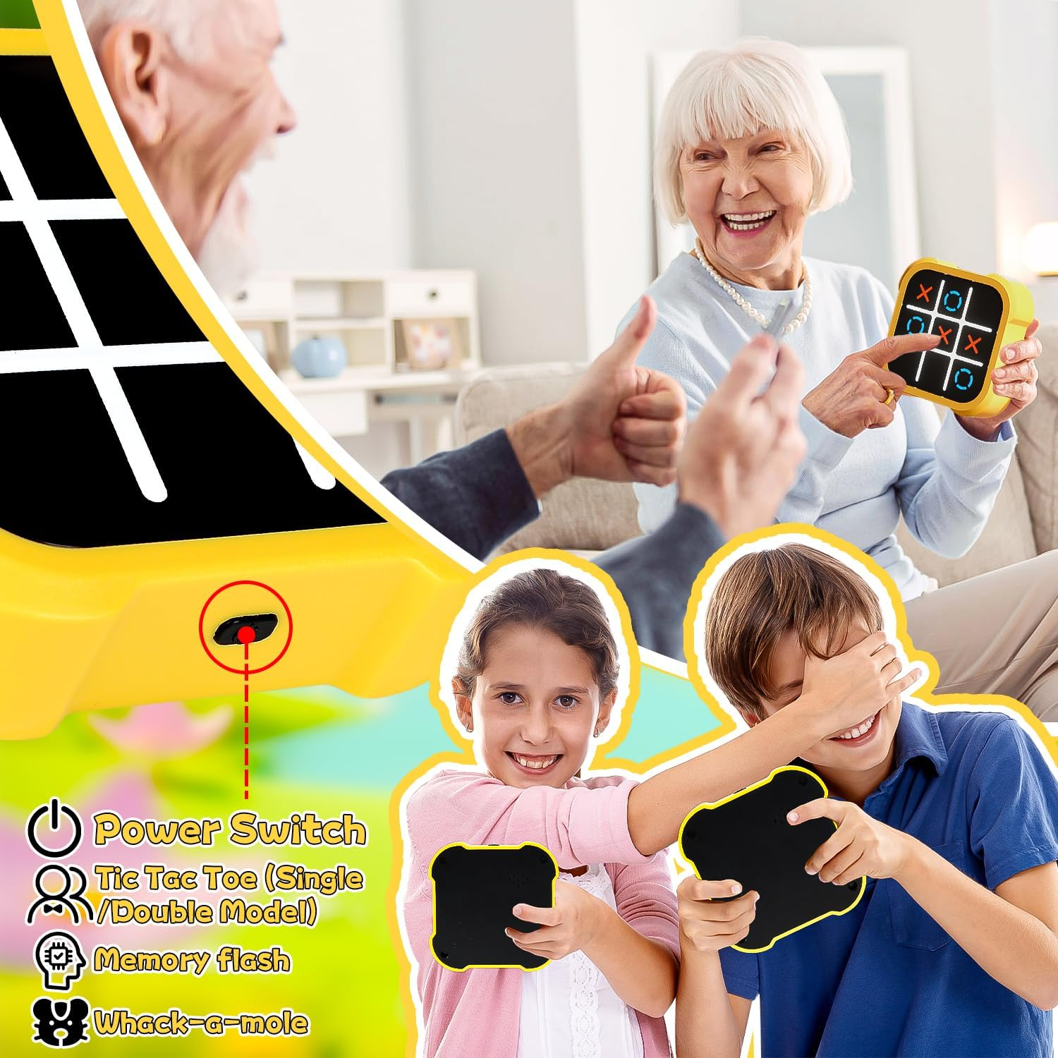 Tic Tac Toe Game, Portable 3-In-1 Puzzle Game Console, Portable Travel Games for Education and Memory Growth, Educational Toy for 3+ Year Olds Boys Girls Adults, Yellow image number 5