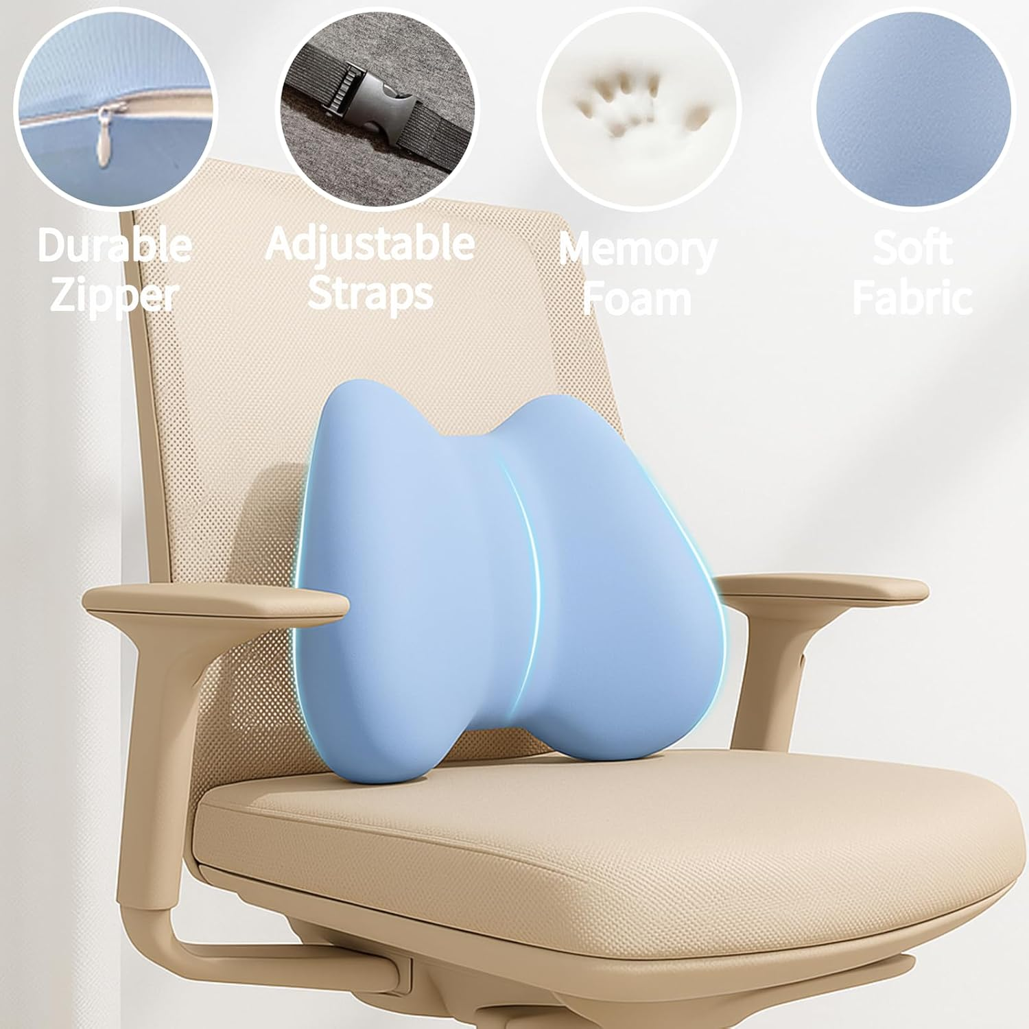 Back Support Pillow for Pain Relief, Lumbar Support Cushion with Adjustable Strap, Soft Memory Foam Lower Back Rest Cushion for Car Seat & Office Chair (Light Blue) - Light Blue image number 6