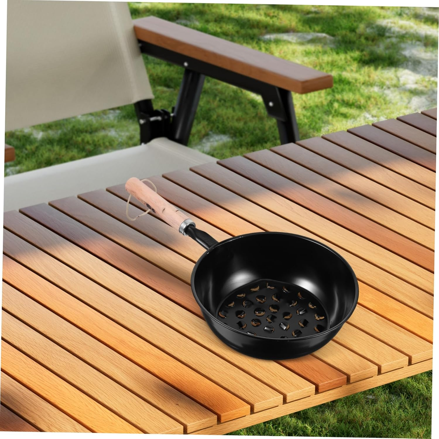 Camping Chimney Starter Pot with Long Wooden Handle Portable Charcoal Brazier for Outdoor Camping BBQ Grilling Easy Clean Chestnut Roasting Pan and Barbecue Tool image number 6