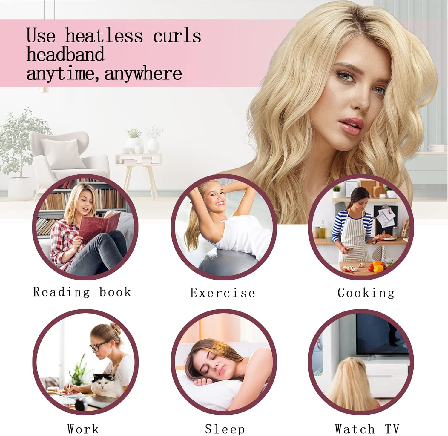 Fashion Colour Heat Free Curling Iron Headband with Hair Clips and Hair Scrunchie No Heat Hair Rollers for Sleeping Overnight Adjustable Wave Curling Iron Kit for Long Hair Yellow (Pink)