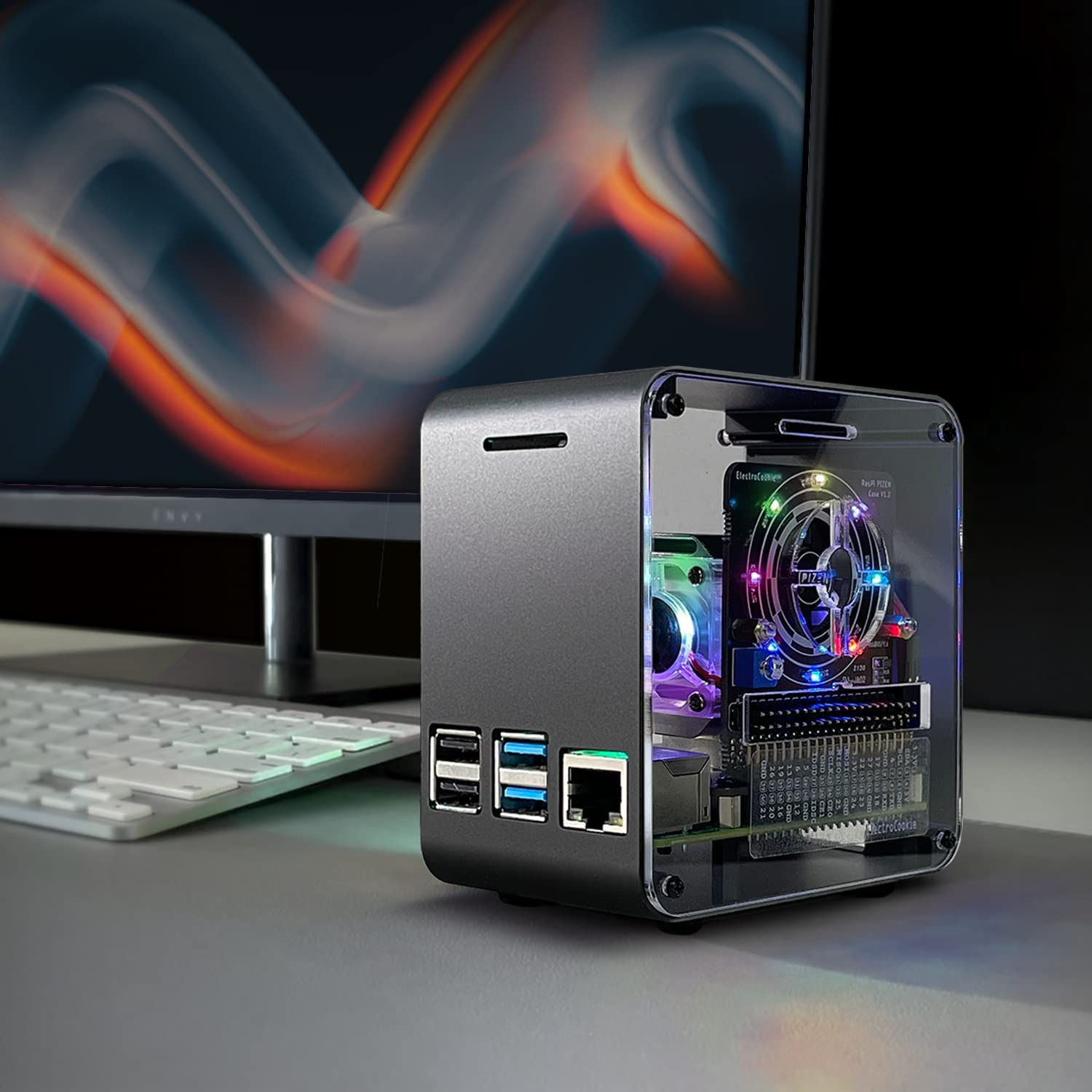 Electrocookie Raspberry Pi 4 Case, Aluminum Mini Tower Case with Dual Power Cooler and Color Changing Ambient Light (Matte Black) image number 3