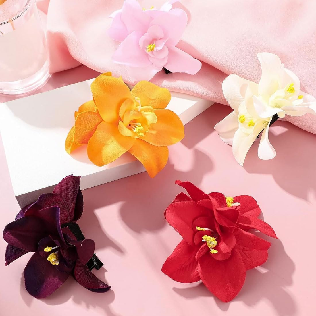 SIRLOMU Pack of 6 Hawaii Double Orchid Clips, Flower Clips for Women and Girls, Children'S Jewellery, Women Party Styling Needles for Wedding and Holiday, Artificial Flowers (Colourful) image number 4