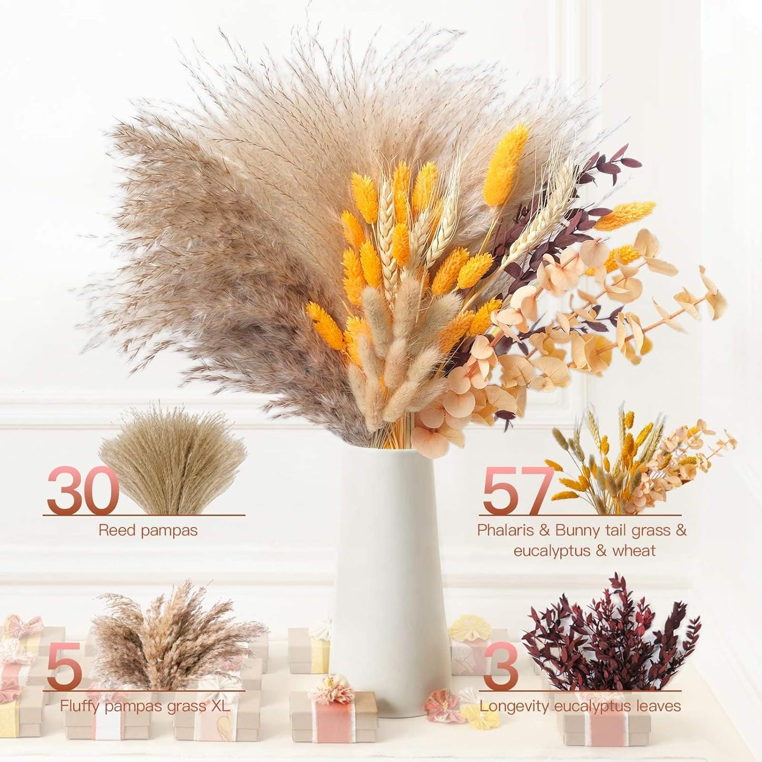 Fall Decor for Decorations for Home Autumn Thanksgiving Table Boho Flowers Orange Pampas Grass Fluffy Dried Flower Bouquet Dry Pompas 17"-95-Pcs Pompous (Orange) image number 2