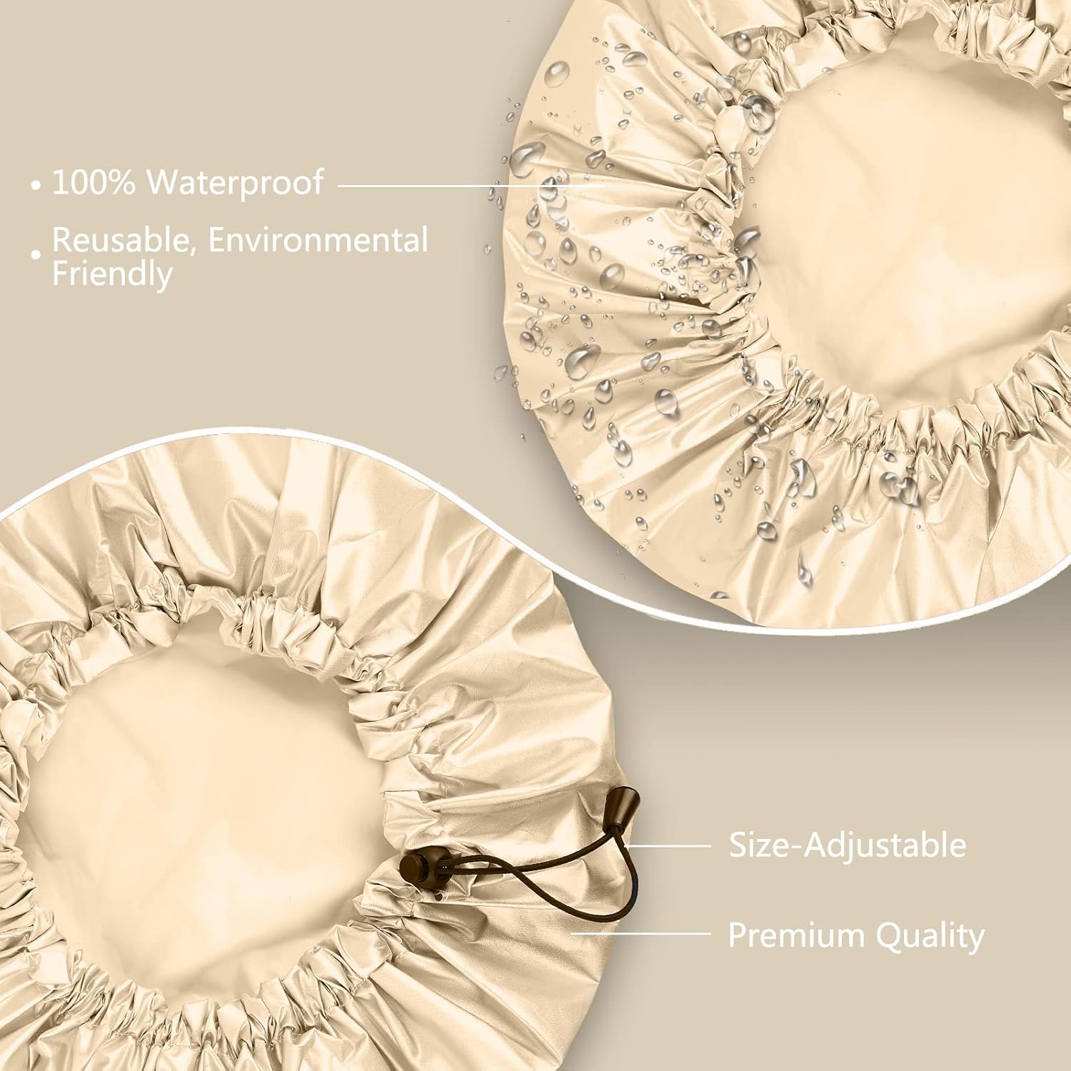 Shower Cap, Large Adjustable & Reusable, Double-Layer for Dreadlocks, Waterproof Bath Cap for Women, Girls, Braids, SPA, Long Hair (Khaki) - Khaki image number 2