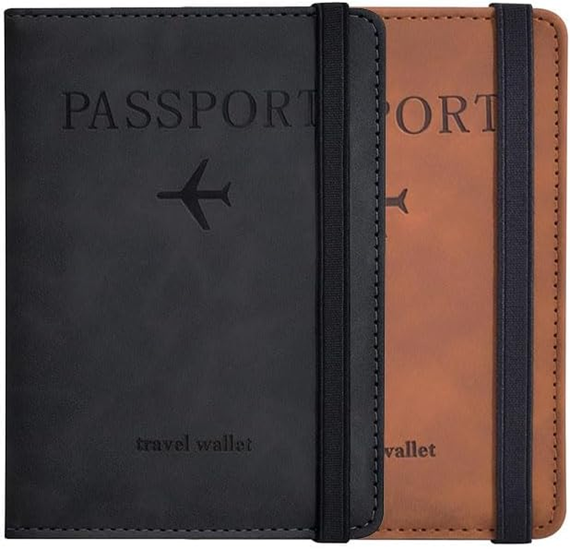 2 Pack Passport Holder, Passport Cover with Credit Card Slot and Boarding Pass Slot Combo, Passport Wallet Case Book Travel Must Have, RFID Blocking Leather Travel Accessories(Black+Brown)