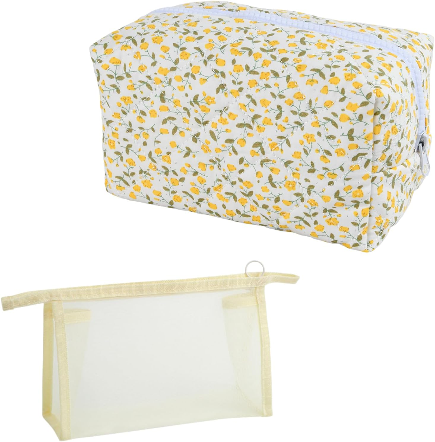 Pack of 2 Quilted Cosmetic Bags with Floral Pattern (Yellow) Made of Soft Cotton Material & Mesh Makeup Bag (Beige), Makeup Organiser for Women, Portable Toiletry Bag for Travel and Everyday Use