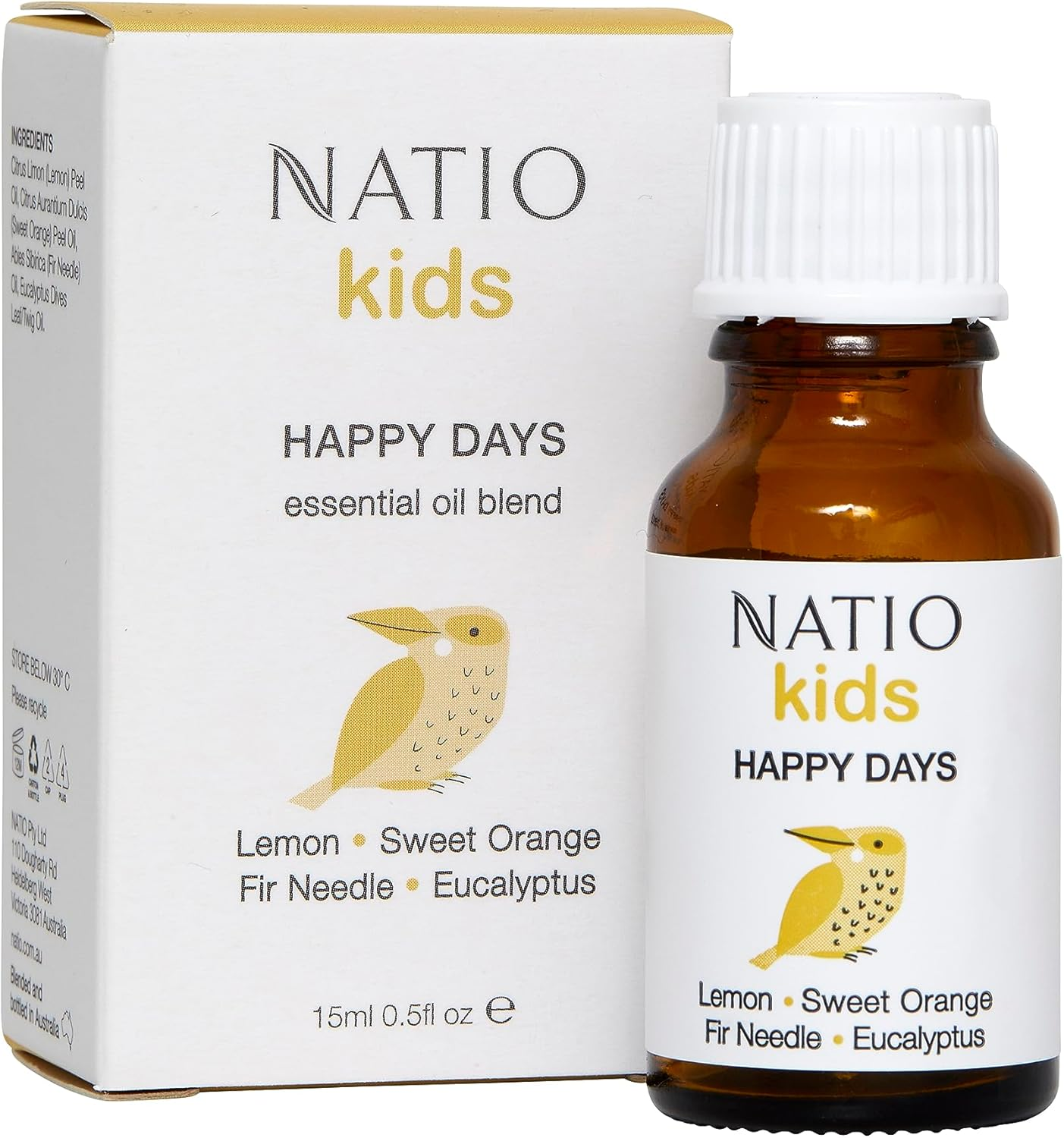 Natio Australia Kids Happy Days Essential Oil Blend 15Ml - Essential Oils Safe for Kids - Lemon, Sweet Orange, Fir Needle & Eucalyptus Pure Essential Oils - Vegan Friendly & Made in Australia