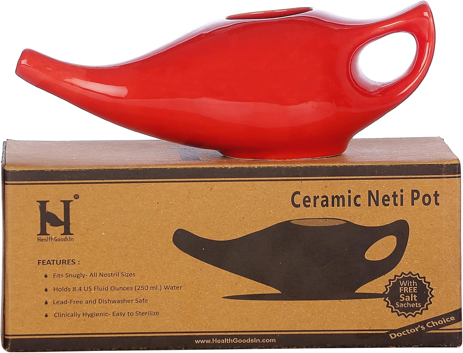 Healthgoodsin - Porcelain Ceramic Neti Pot for Nasal Cleansing Orange | Natural Treatment for Sinus, Infection and Congestion | Neti Pot with 10 Sachets of Neti Salt + Instructions Leaflet