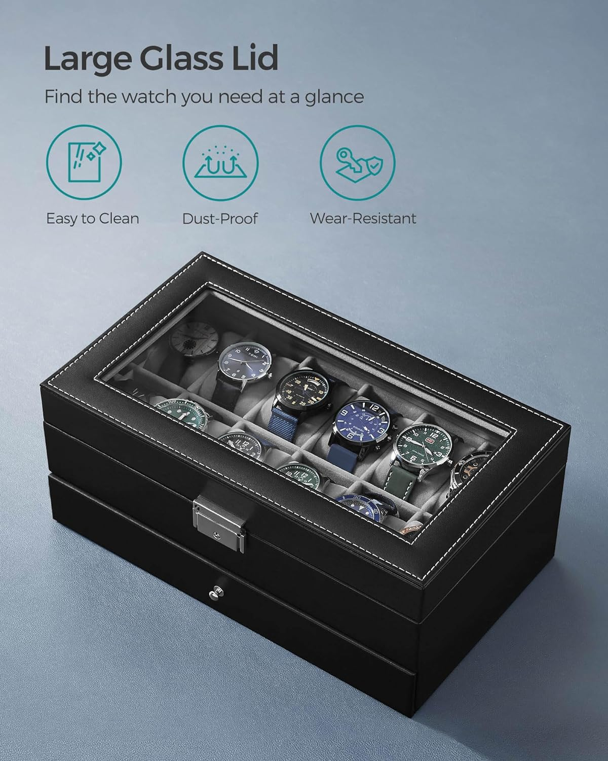 LIAN Watch Box 12-Slot Watch Box Jewelry Box Organizer for Men 2 Layers with 1 Drawer for Rings, Glasses,Jewelry,Necklace Black Perfect Birthday Gifts image number 2