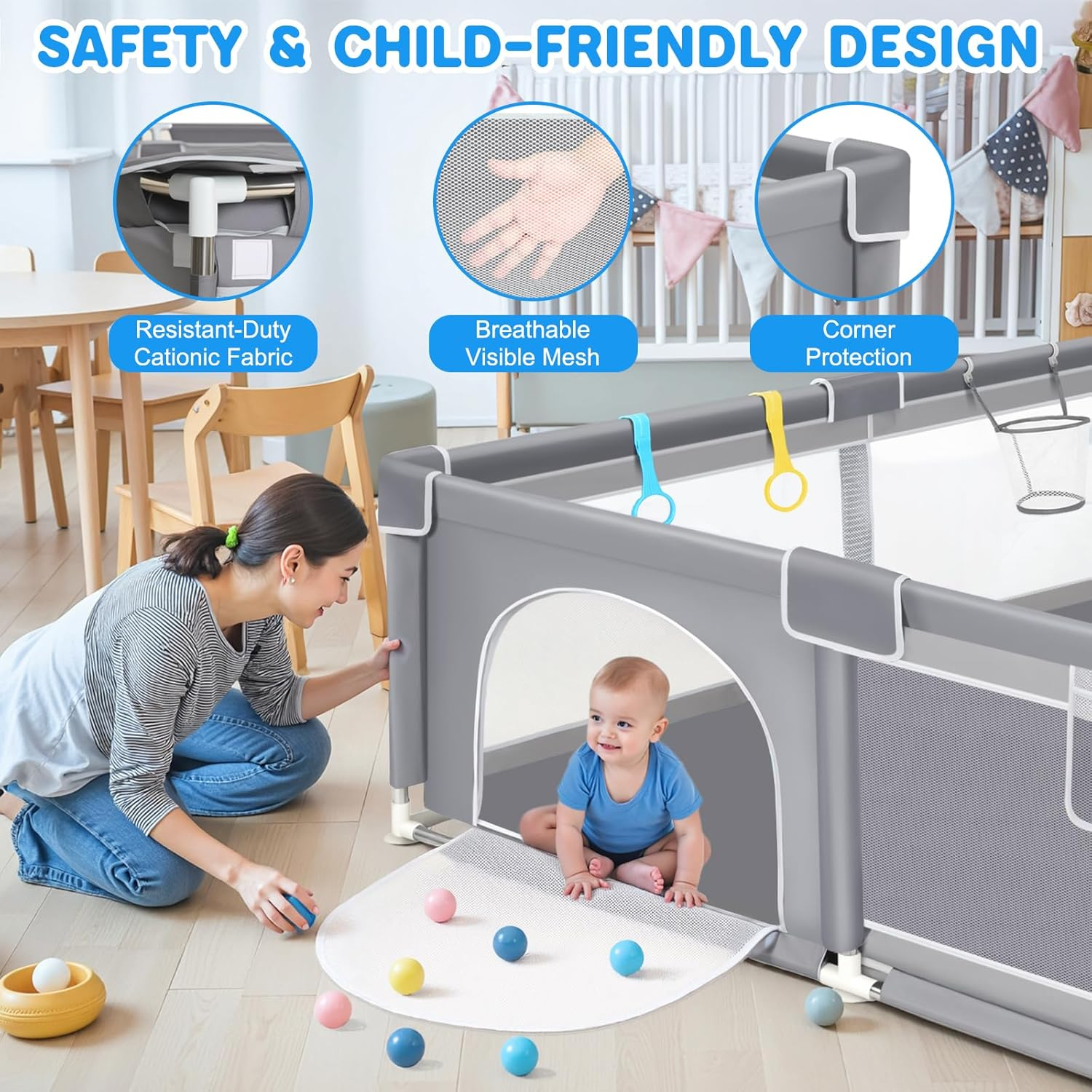 Extra Large Baby Playpen, Mankami 200 * 180Cm Baby Play Pen Yard for Babies and Toddlers Safety Baby Fence with Breathable Mesh Indoor & Outdoor Kids Activity Play Center image number 6