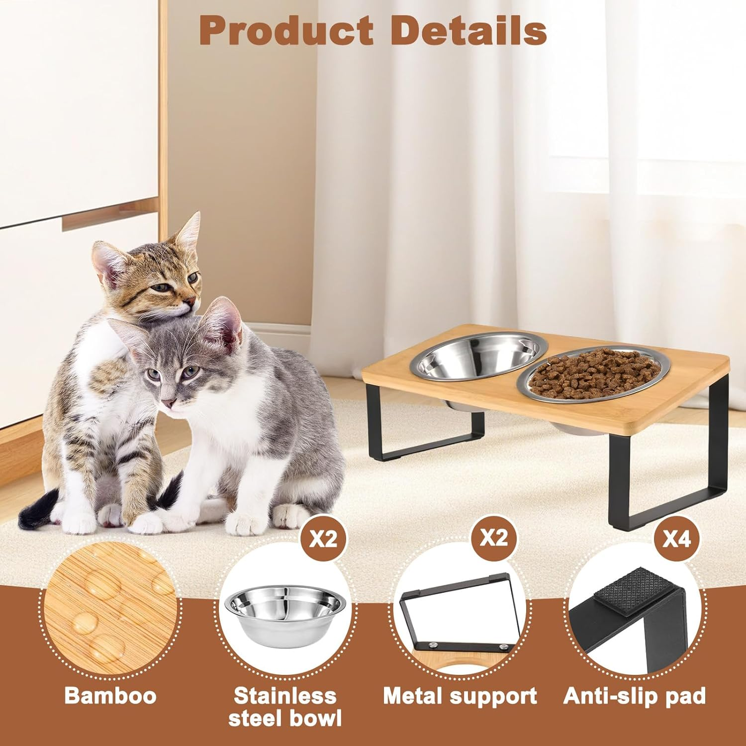 Elevated Cat Food Bowls with Non-Slip Mat, 15&deg; Tilted Stainless Steel Raised Feeding Dishes, anti Vomiting Station for Pet Food & Water, Durable Bamboo Stand Bowl for Cats & Small Dogs image number 5