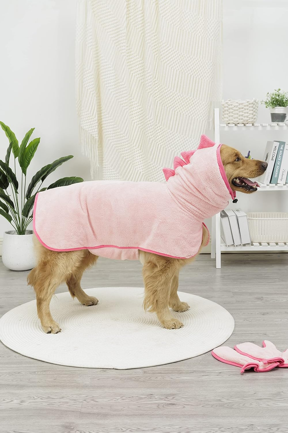 Pawyee Super Soft Fast-Drying Dog Towel Set for Cold Weather, Beach, Pool - Adjustable Microfiber Bath Robe with Drying Gloves for Cats and Dogs (Large, Pink Dino)