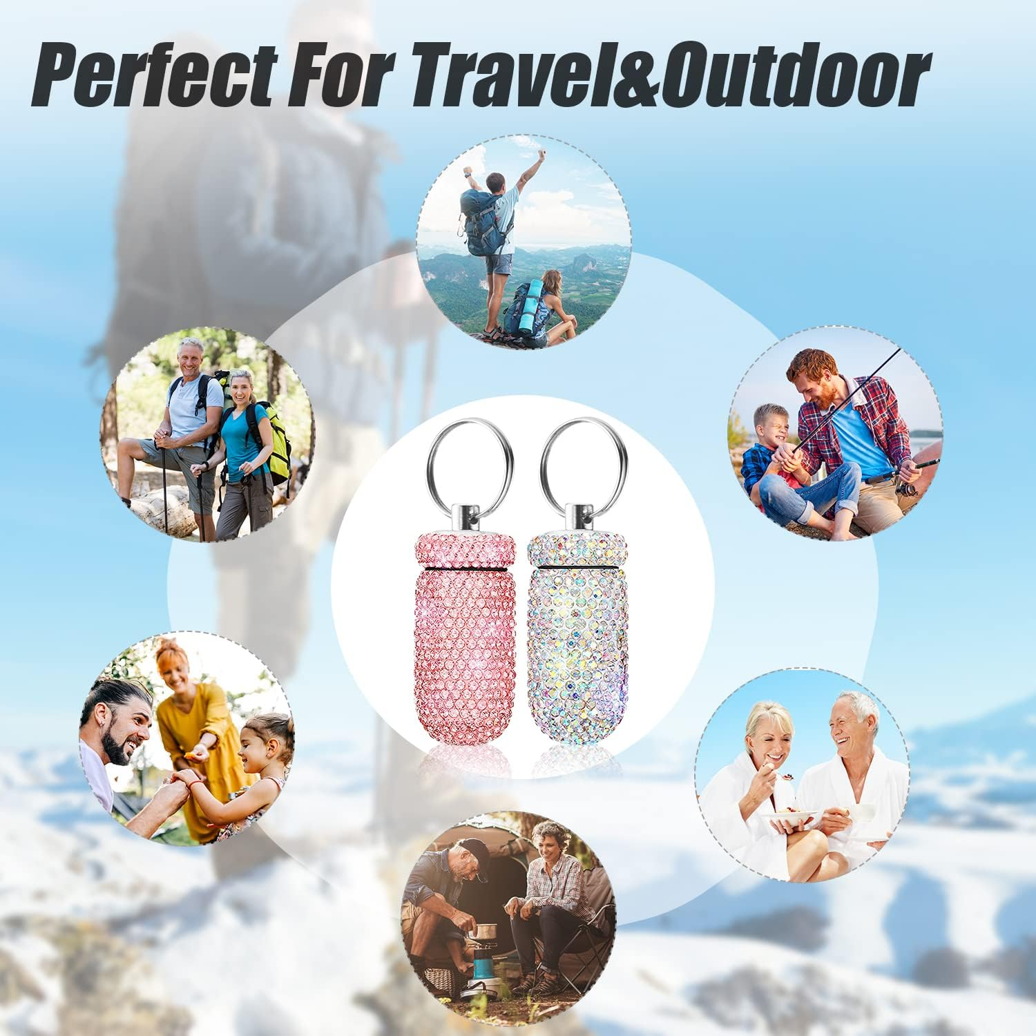 2 Pack Portable Pill Case Bling Rhinestone Pill Container Box Waterproof Medication Holder Organizer Bottle with Keychain for Outdoor Camping Travel Purse Pocket