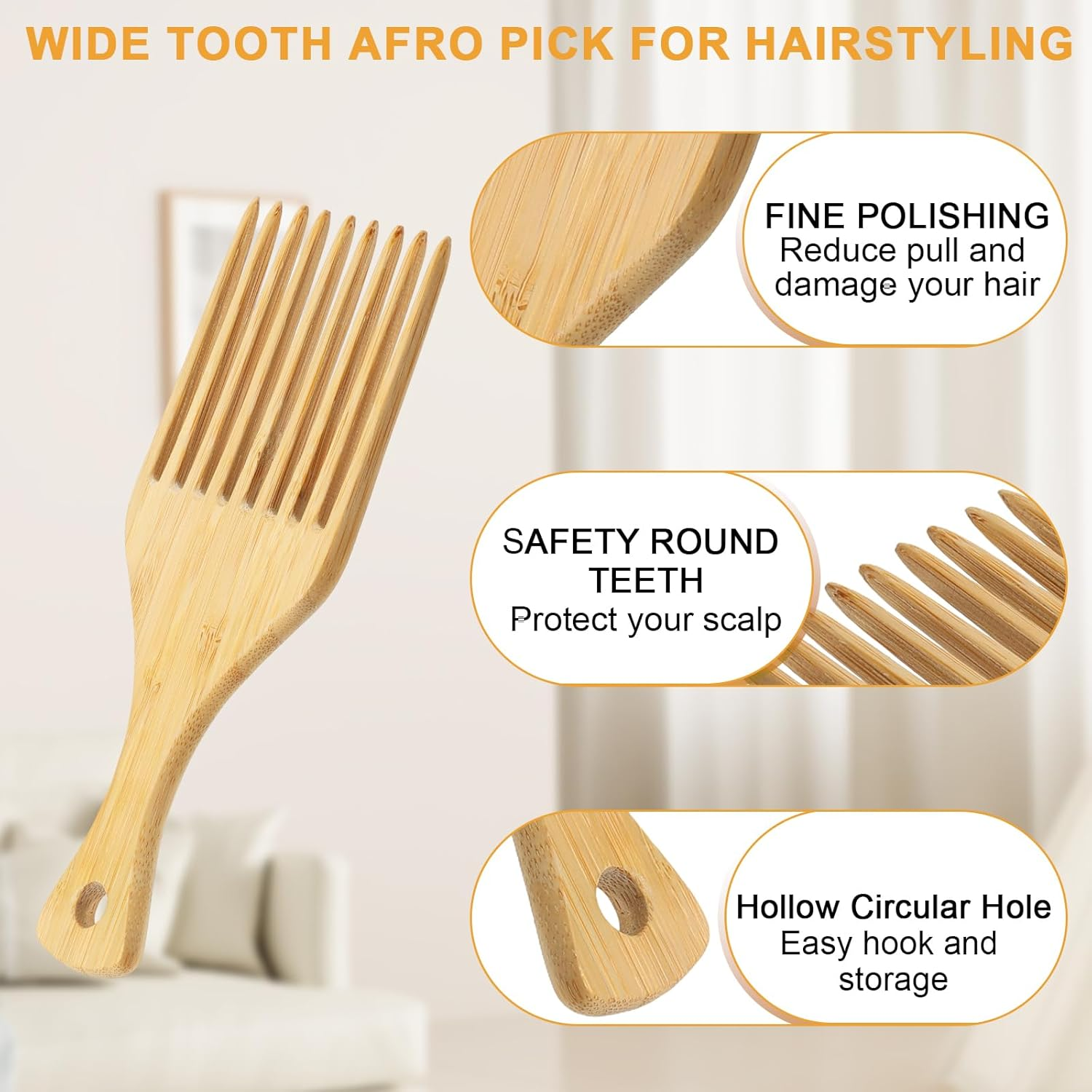 Bamboo Hair Pick for Afro Wide Tooth Hair Detangling Comb for Curly Styling Women Men image number 4