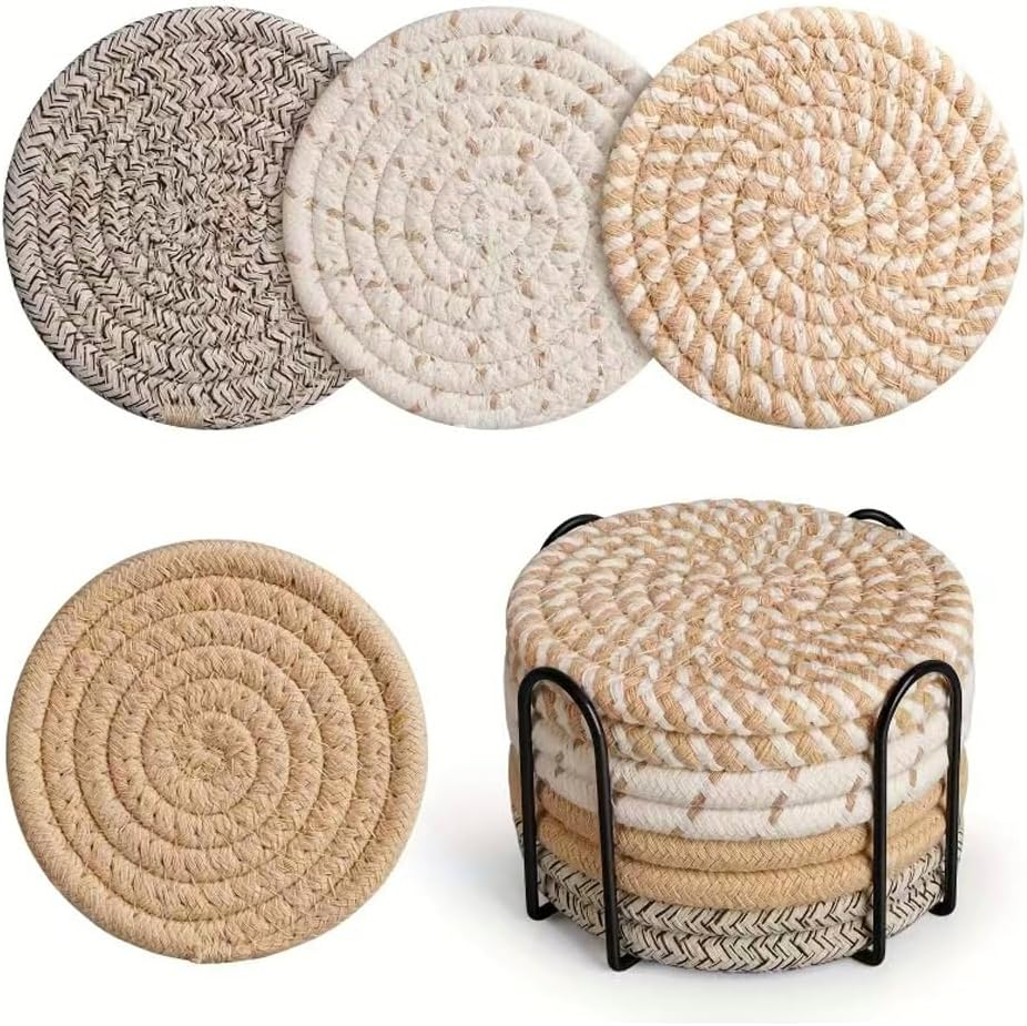 Chamgeco 8Pcs Drink Coasters with Metal Holder, Boho Cotton Woven Absorbent Coasters for Drinks, 4 Colors Minimalist Cup Coaster Set for Home Decor Coffee Table Protection Housewarming (Multi-Color 1)