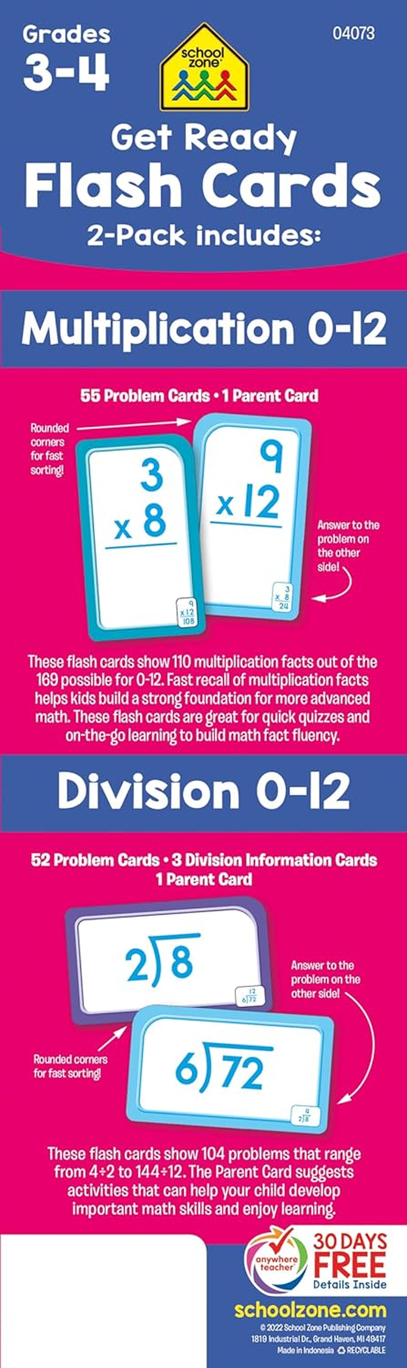 SCHOOL ZONE - Get Ready Flash Cards Multiplication & Division 2-Pack Grades 3-4, Ages 8-9, Multiplication, Division, and Elementary Math image number 4