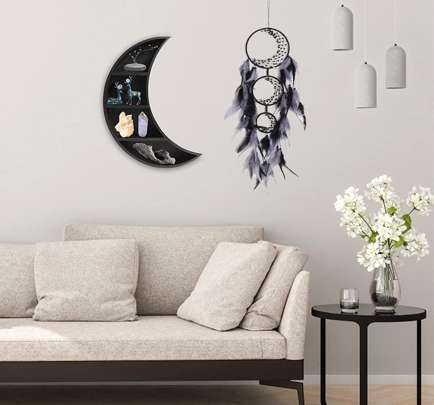 Zingtsing 3 Rings Moon Dream Catcher Hanging Decor Dreamcatcher Wall Hanging Feather Ornaments for Living Room Decor (Black/Grey) image number 4