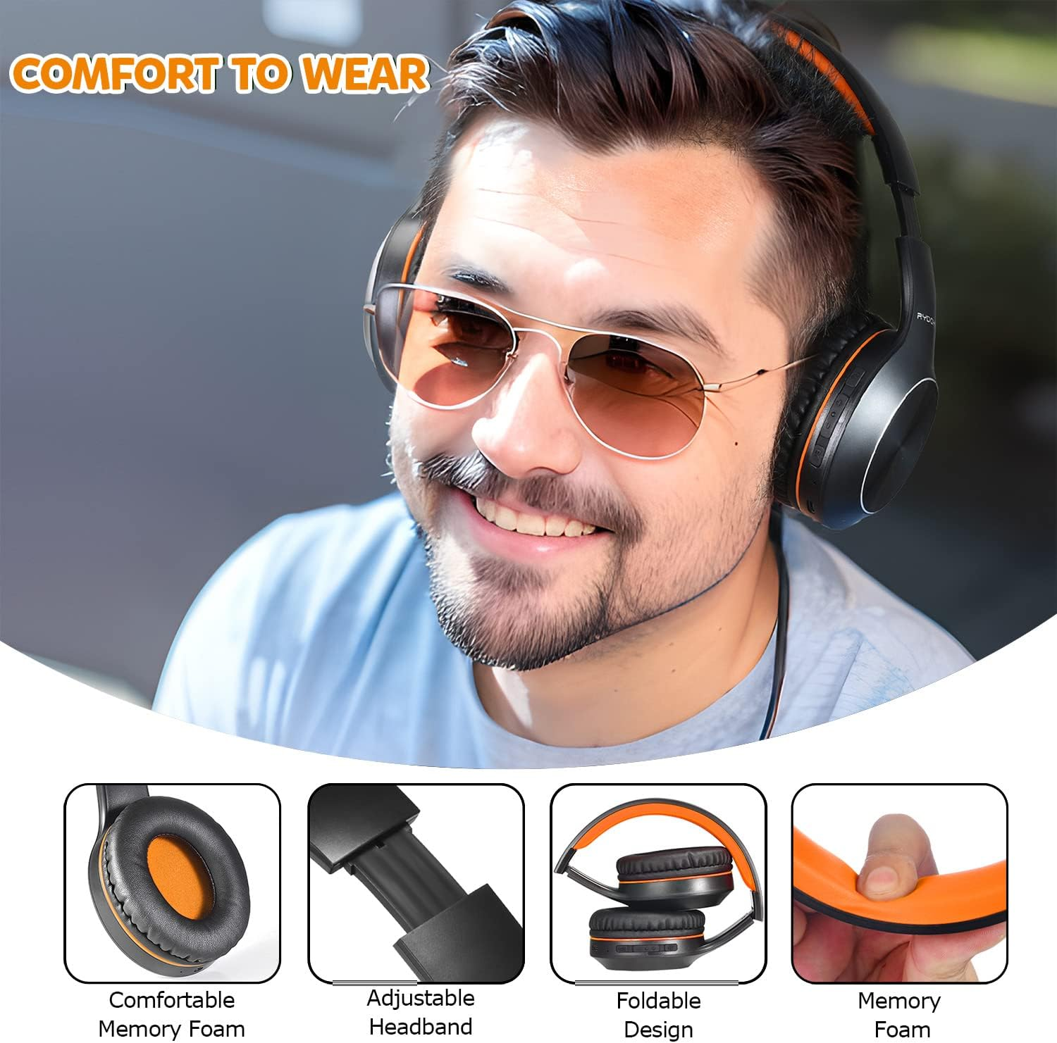 Rydohi Bluetooth Headphones over Ear, 68H Playtime and 3 EQ Music Modes Wireless Headphones with Microphone/Deep Bass, Hifi Stereo Foldable Lightweight Headset for PC Home Travel Office (BLACK-ORANGE) - Black image number 7
