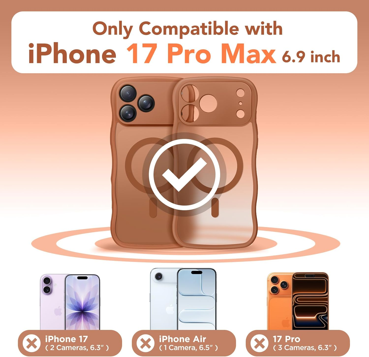 CAPRARO Magnetic for Iphone 17 Pro Max Case for Women Girls, Upgraded [Full Camera Protection] [Compatible with Magsafe] Cute Wave Translucent Matte Phone Case for Iphone 17 Pro Max, Dark Orange image number 1