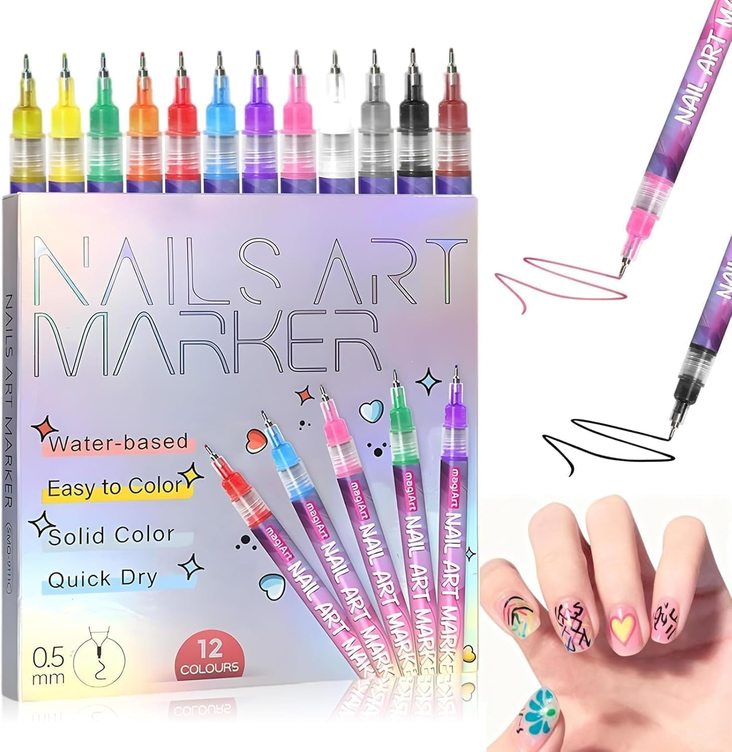 12 Colors Nail Art Pens Set, Nail Art Markers for Gel Nails DIY Nail Art Marker Drawing Painting Liner Pen 3D Nail Polish Pens Quickly Dry Nail Art Nail DIY Decoration image number 3