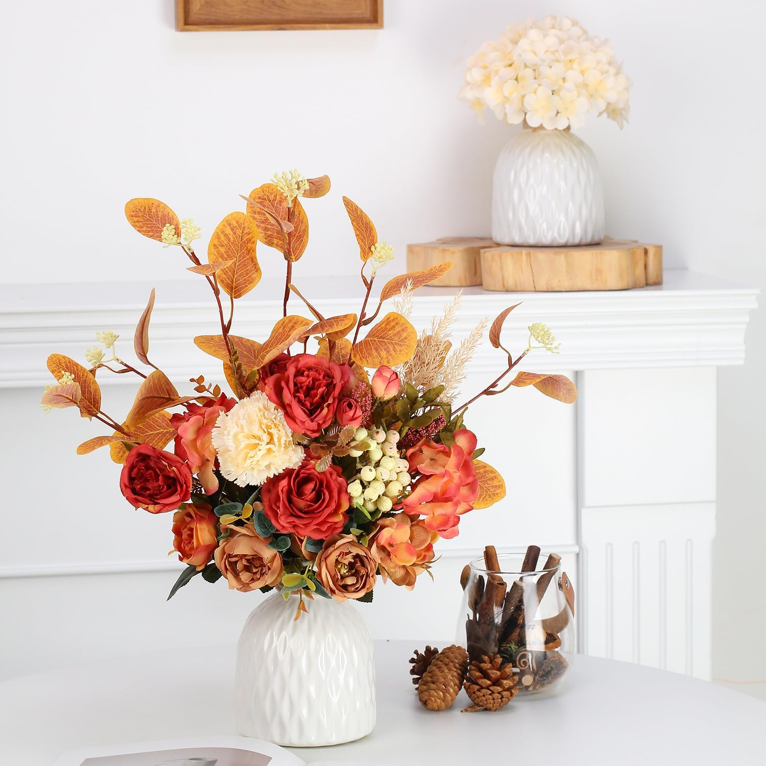 Artificial Fall Floral Arrangement with Orange Leaves and Red Roses in White Ceramic Vase, Autumn Home Decor (Orange Leaves + Ceramic Vase) - Orange Leaves + Ceramic Vase image number 3