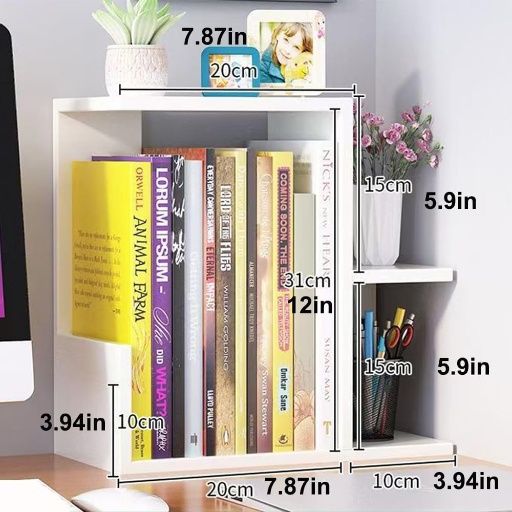 Hbluefat Small Desktop Shelf Organizer, Mini Wood Bookshelf Storage Rack, Multi-Functional Countertop Display Bookcase for Home Office School (White)