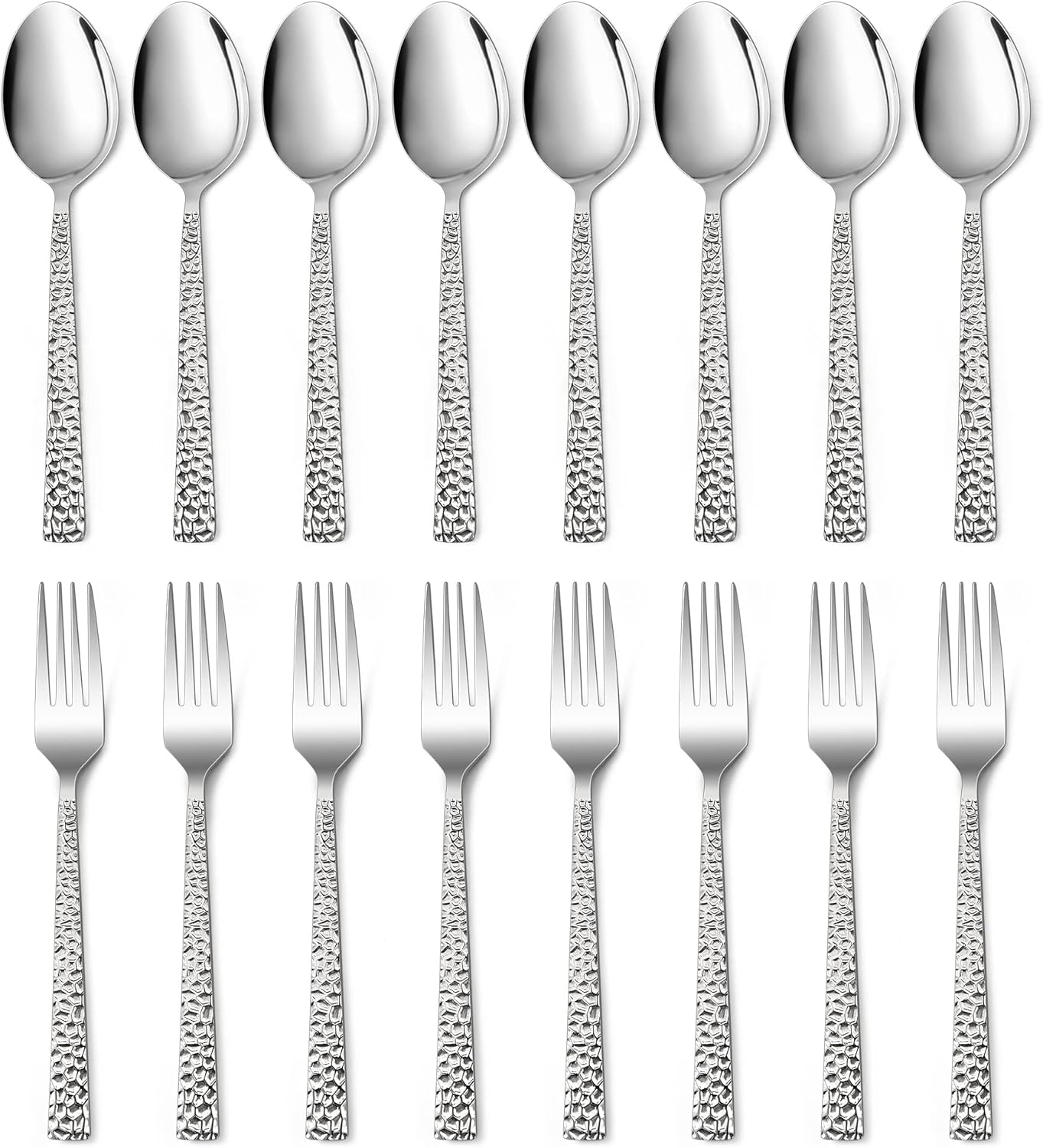 16-Piece Hammered Forks and Spoons Silverware Set, E-Far Stainless Steel Square 8 Dinner Forks and 8 Dinner Spoons, Modern Metal Flatware Cutlery for Kitchen and Restaurant, Dishwasher Safe-7.9 Inch image number 4