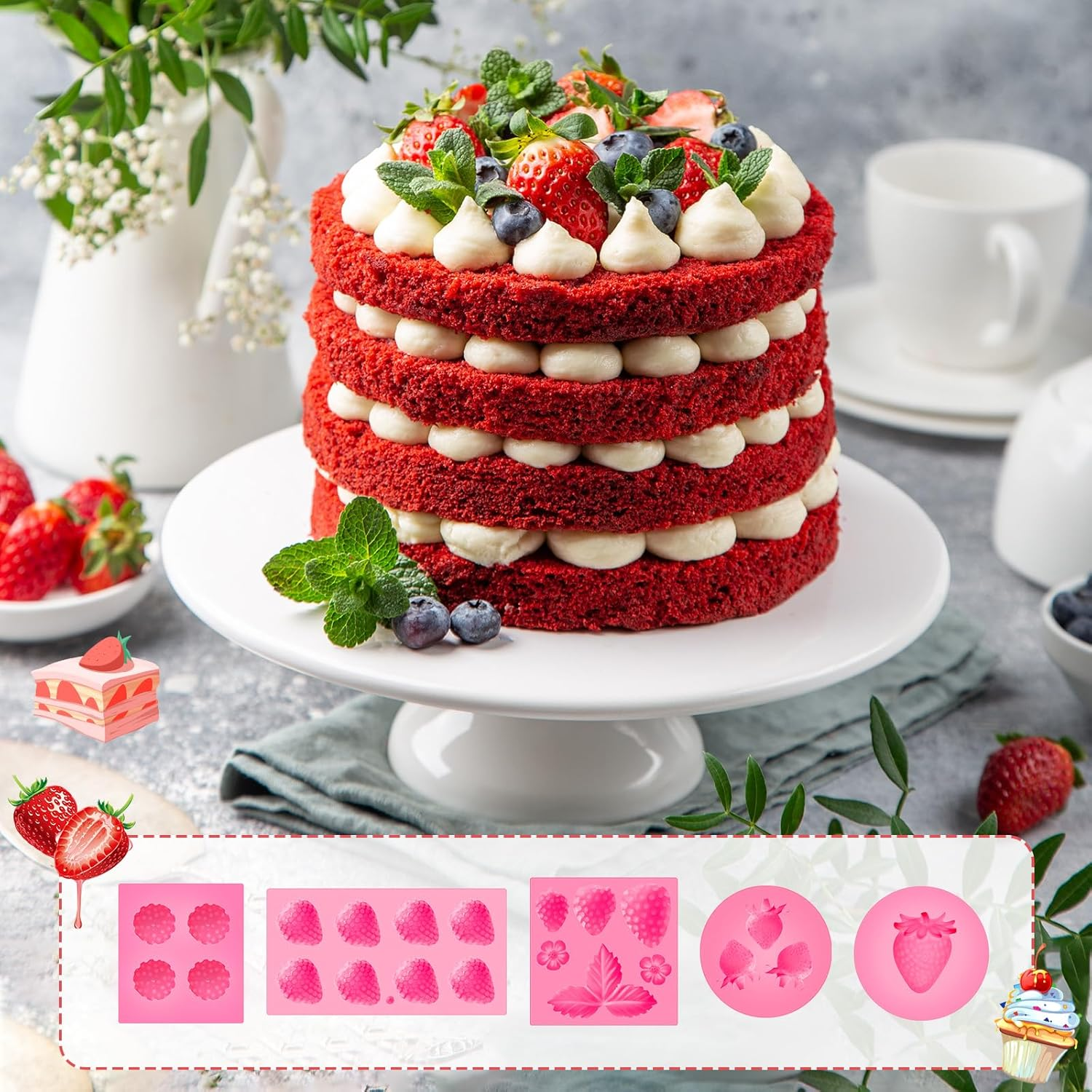 5 Pcs Strawberry Baking Mold Silicone Handmade Candy Jelly Bakeware 3D Flower Strawberry Embed Silicone Fruit Shape Pastry Mold for Soap Wax Chocolate Fondant Ice Cream Cupcake Cake Decor image number 1