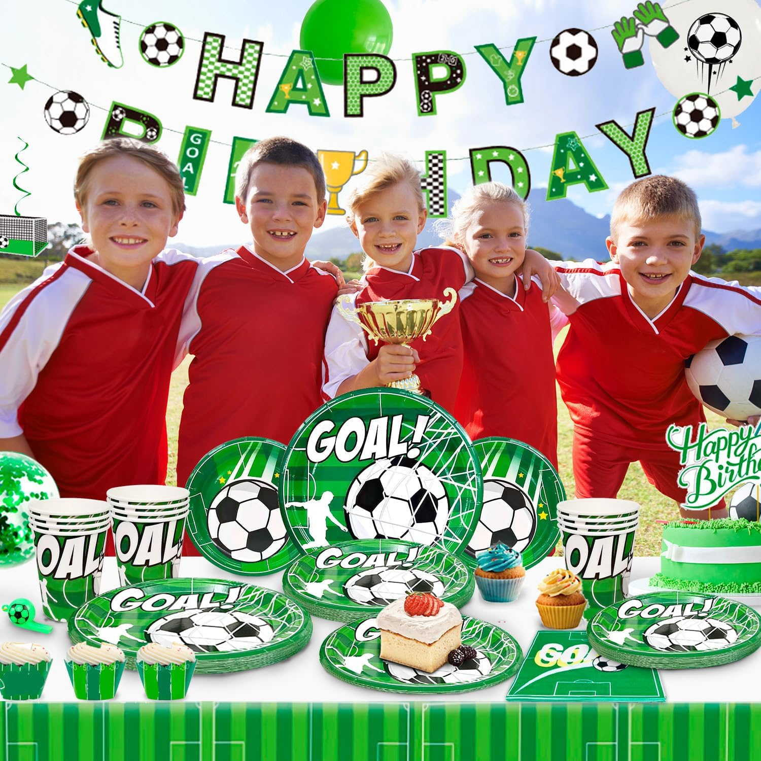 Soccer Birthday Party Supplies for 16 Guests, Soccer Party Decorations with Banner, Balloons, Tablecloth, Plates, Cups, Napkins, Whistle, Keychain, Boys Sports Theme Birthday Decor image number 2