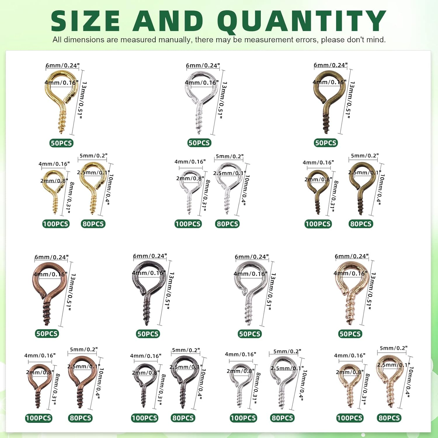 Keadic 1610Pcs 7 Color Small Screw Eye Pins Size Assorted Set, Metal Mini Eyelet Screw Threaded Clasps Hooks for DIY Charm Pendants Jewelry Making (0.16&rdquo; X 0.32&rdquo;, 0.2&rdquo; X 0.39&rdquo;, 0.24&rdquo; X 0.5&rdquo;) image number 4