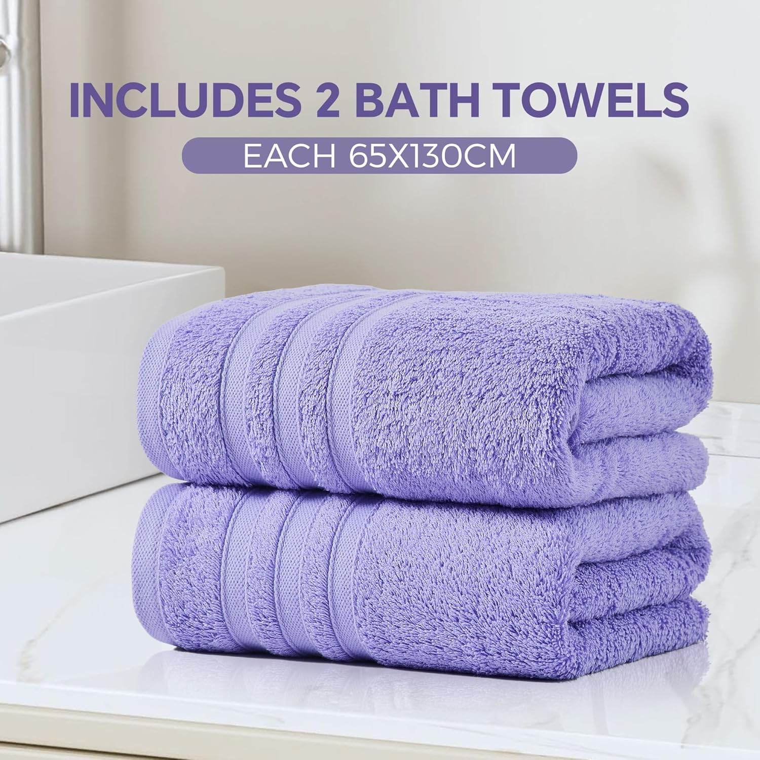 LINENOVA 100% Cotton Bath Towels 2 Pack - Premium 450GSM Soft & Lightweight Towel Set, Quick Dry & Absorbent Bathroom Towels, Ideal for Hotel, Spa and Gym Use (65X130Cm, Lavender) image number 1