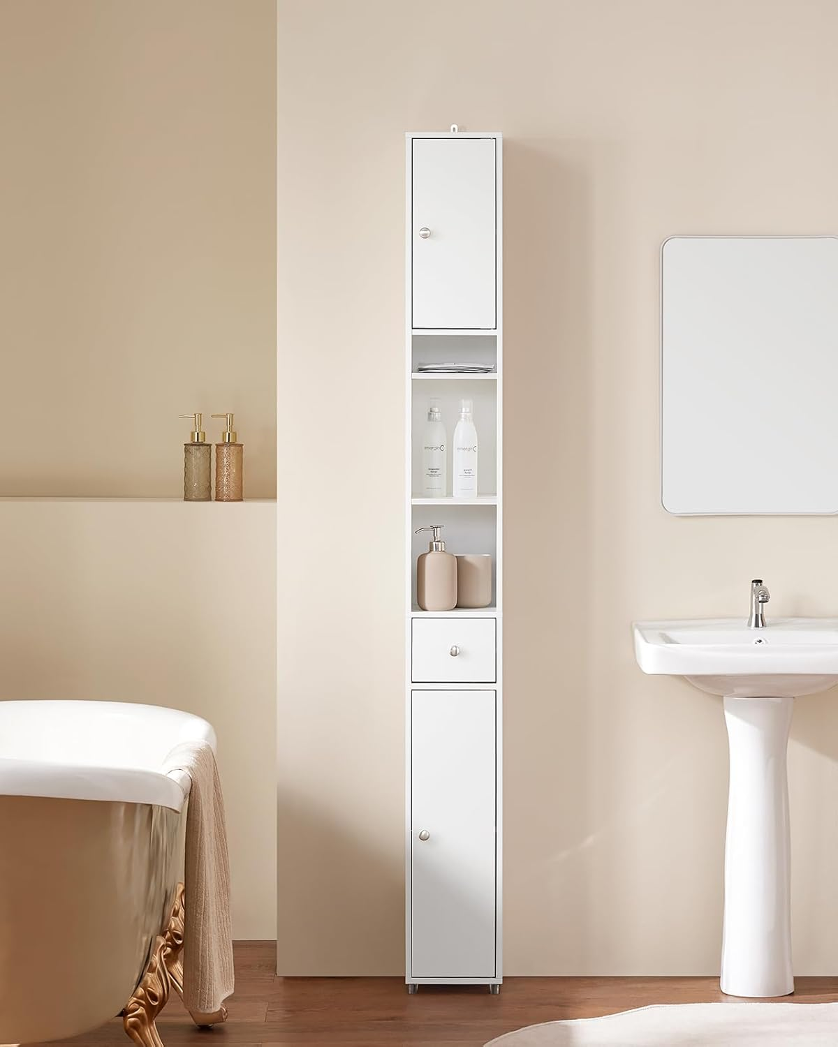 Sobuy 180Cm Tall Slim Bathroom Storage Cabinet, Freestanding Floor Standing Cupboard with 2 Doors & 5 Adjustable Shelves, Space Saving White Organizer BZR34-W image number 2