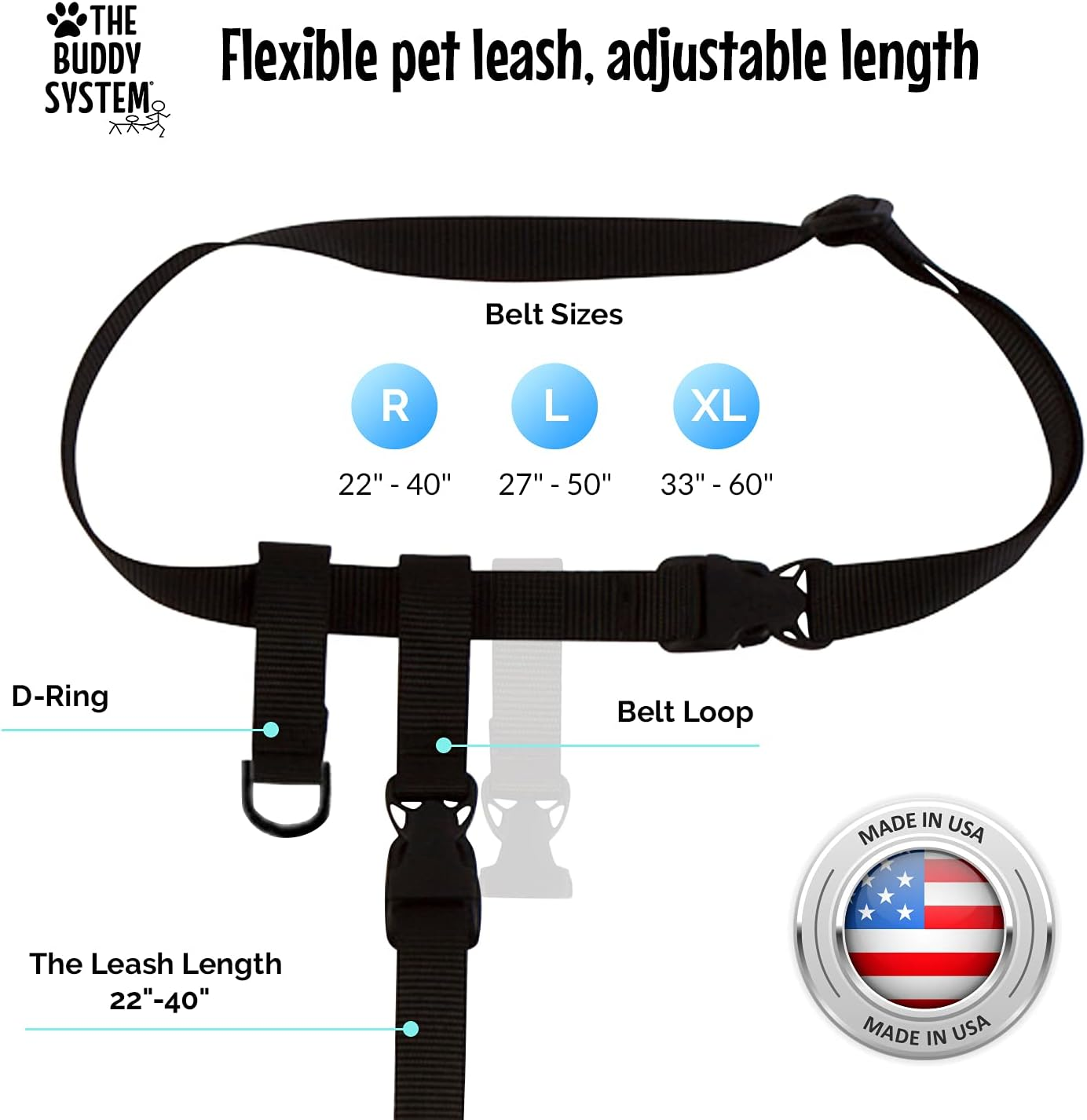 Adjustable Hands Free Dog Leash, Great Leash for Running, Jogging and Training Made in USA by the Buddy System, Regular, Black image number 4