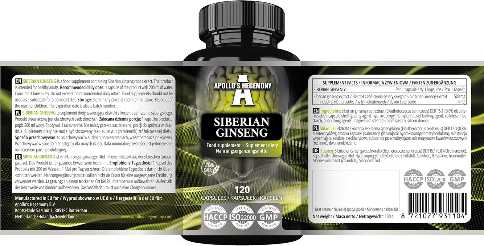 Siberian Ginseng 500 Mg - 120 Vegan Capsules - 4 Month Extract Standarized to 0,8% Eleutherosides B + E - Dietary Supplement by Apollo'S Hegemony