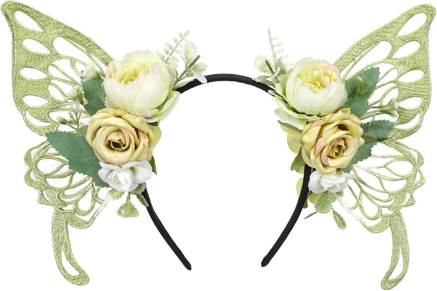 MOSTORY Green Fairy Butterfly Crown, Flower Butterfly Wings Headband for Women, Woodland Floral Headpiece for Fairy Costume Renaissance Renfaire Elf Cosplay Halloween image number 1