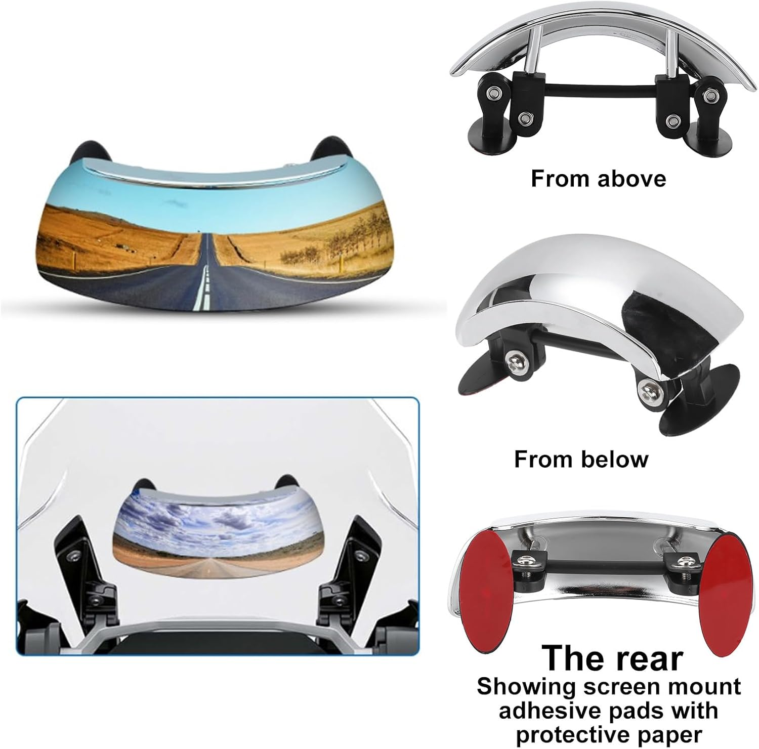 Joyzan Motorcycle Rearview Mirrors 180 Degree, Motorbike Chromed Safety Ultra Wide Angle Mirror Adjustable Universal Mounted on Central Windscreen Blind Spot Eliminating for ATV Electric Scooters image number 5