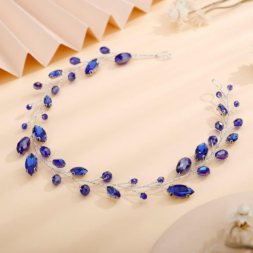 Teyglen Bridal Rhinestone Crystal Hair Vine - Handmade Long Black Rhinestones Headband for Brides, Vintage Headpieces for Women, Party Prom Birthday (Black)