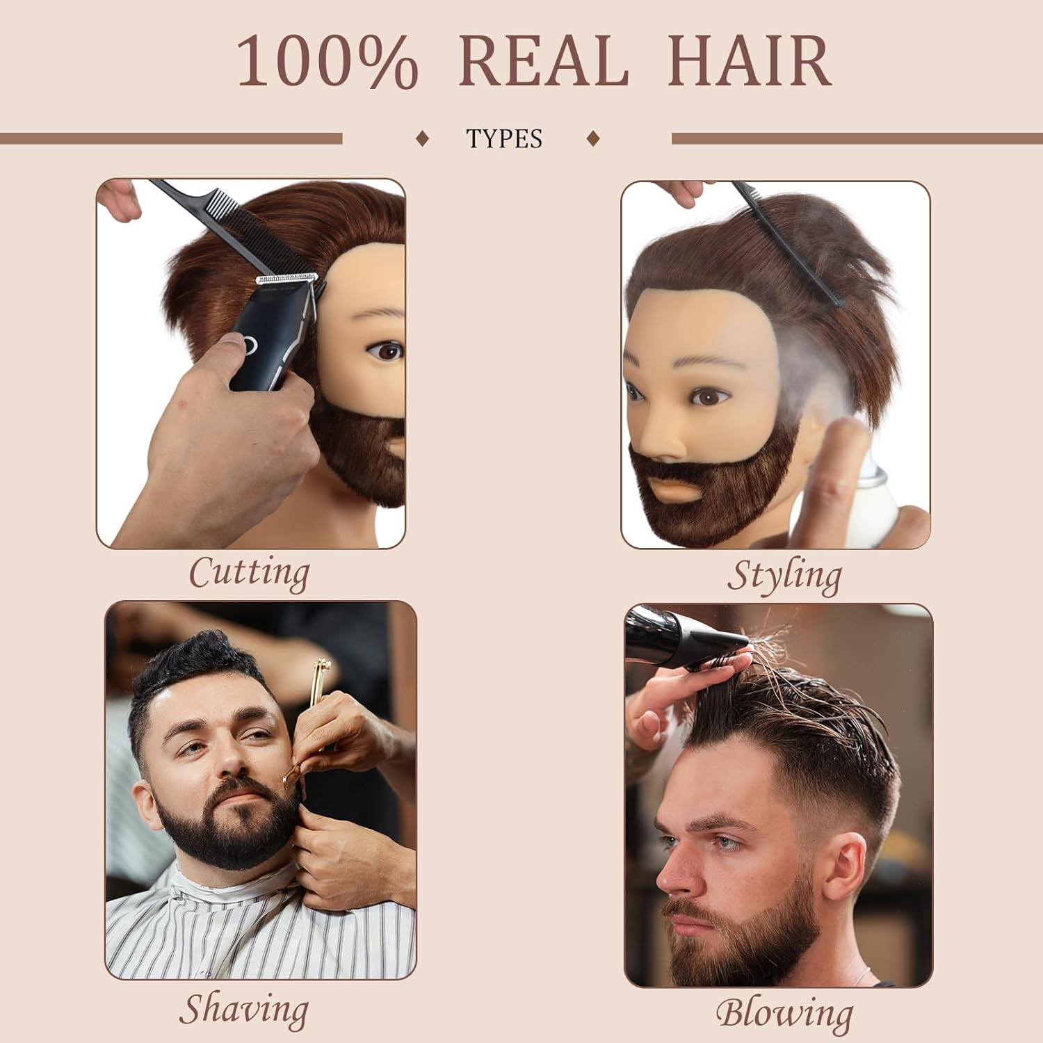 Daizysight Barber Mannequin Head Male with 100% Human Hair, Male Haircut Practicing Head with Beard & Thick Hair, Hairdresser Manikin Doll Head for Training Hair Styling (Brown, 12 Inches) image number 6