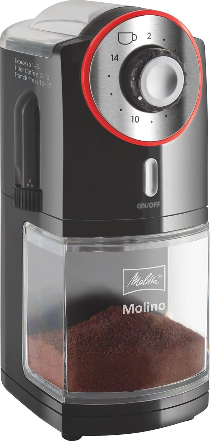 Melitta Molino Coffee Grinder, 1019-01, Electric Coffee Grinder, Flat Grinding Disc, Black/Red