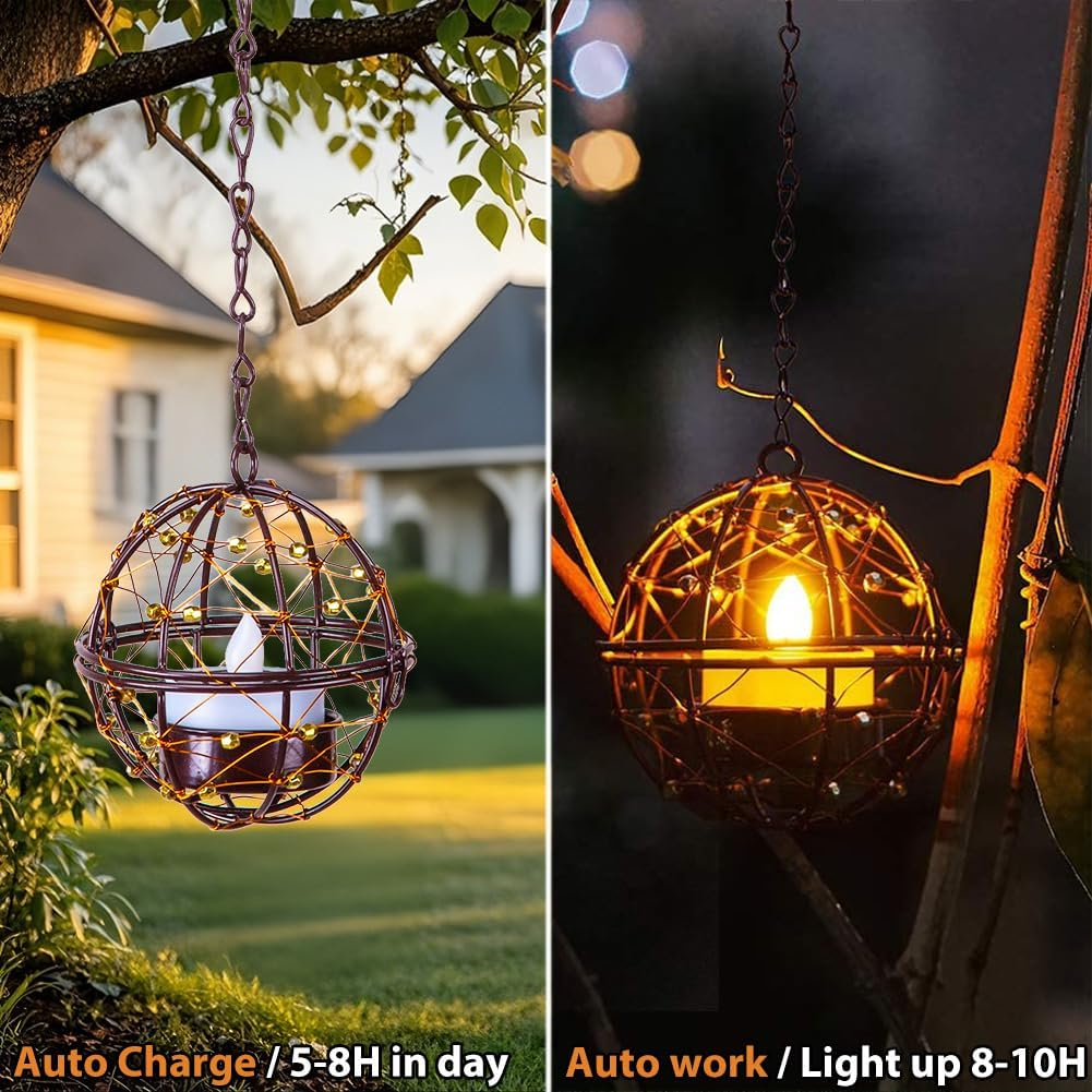Outdoor Solar Hanging Lanterns Waterproof, Globe Hanging Candle Holder with Flickering Solar Powered Tea Lights, Chargeable Chandelier Light for Backyard Patio Garden Fence Tree Decoration-4Pack image number 1