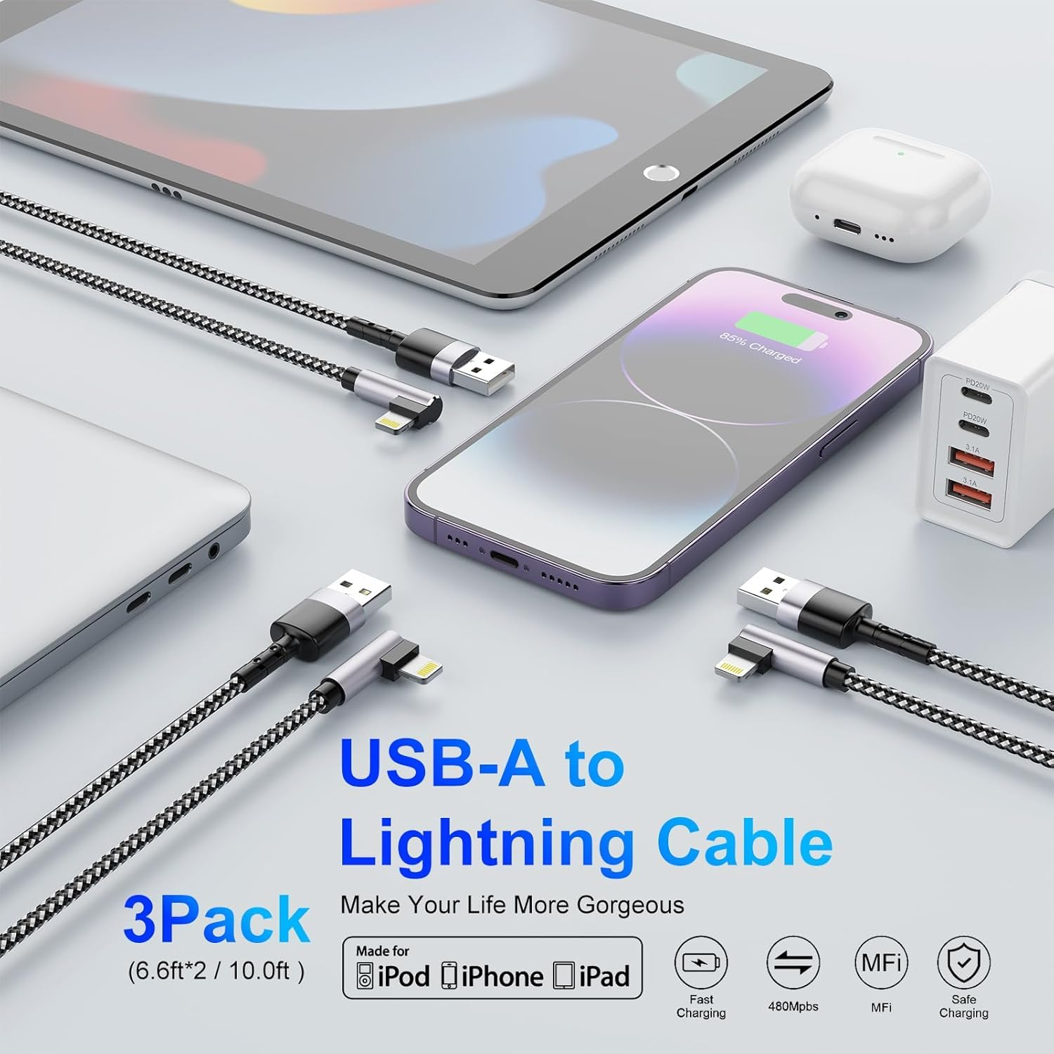90 Degree Iphone Charger 3 Pack, [Apple Mfi Certified] Fast Charging Cables Cord 6.6FT*2 + 10FT, Right Angle Nylon Braided USB Lightning Cable for Iphone 14/13/12/11/Pro/Max/X/Plus/8/7/6/Plus/Ipad